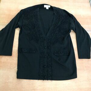 Lisa Ashley Jacket Women Size Medium Black Bead Floral Button Up Long Sleeve